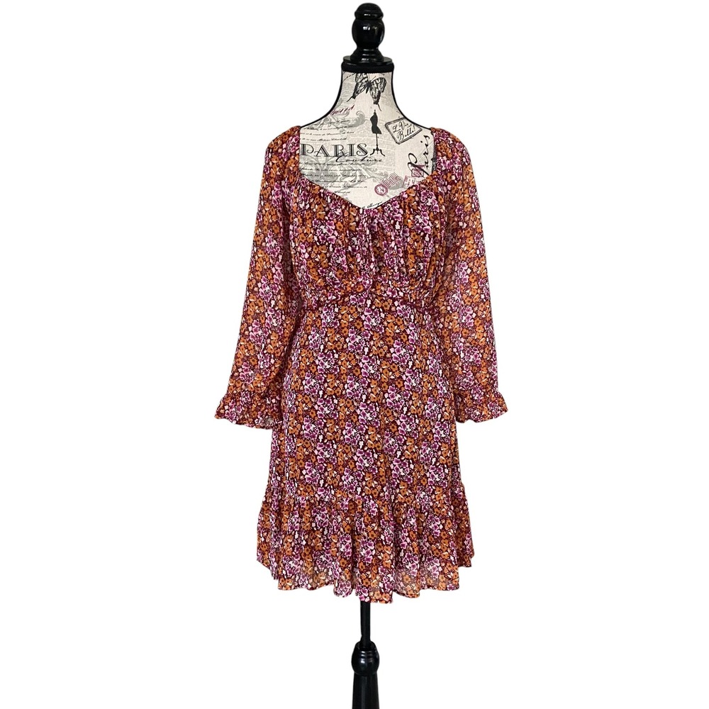 Indulge Floral Mini Dress Womens XL Orange Smocked Ruffle Long Sleeve Boho